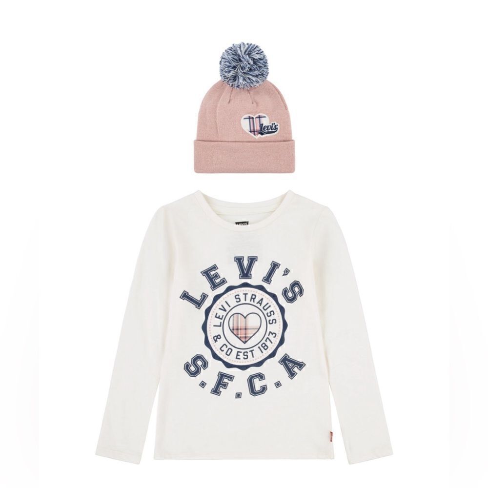 Little Girls Long Sleeve T-shirt‎ and Pom Beanie, 2 Piece Set